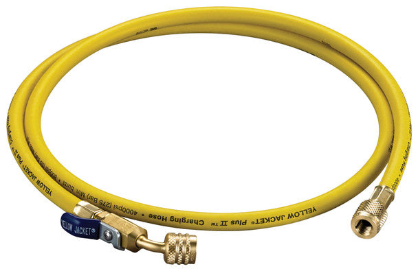 Yellow Jacket 30460 PLUS II 1/4" Hose for Left-Handed A2L Refrigerant Tanks - 60" Length 1/4" LH to 1/4" RH Angled Ball Valve Fitting