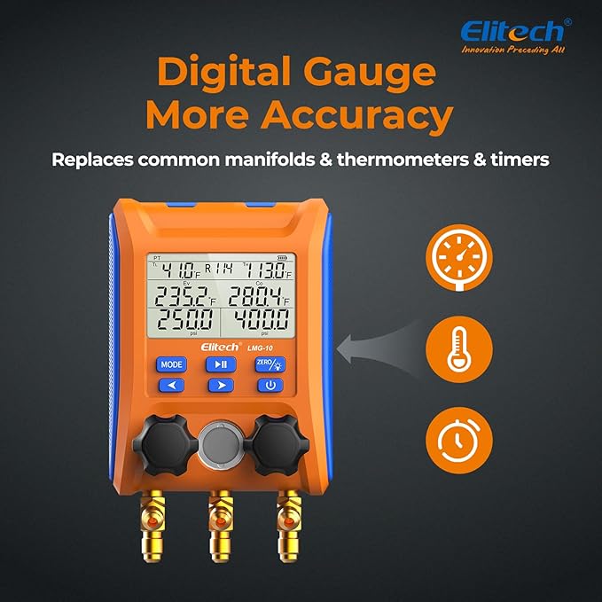Elitech Digital Manifold Gauge 2-Way Valve with Thermometer Clamps for HVAC Systems, LMG-10