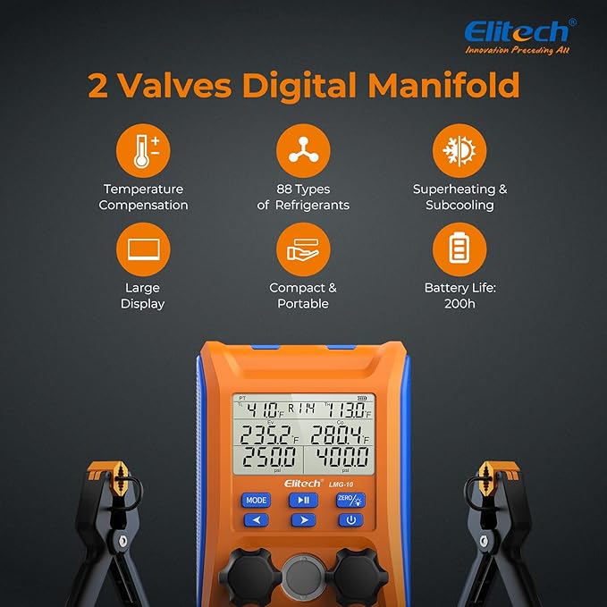 Elitech Digital Manifold Gauge 2-Way Valve with Thermometer Clamps for HVAC Systems, LMG-10
