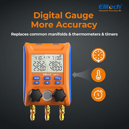 Elitech Digital Manifold Gauge 2-Way Valve with Thermometer Clamps for HVAC Systems, LMG-10