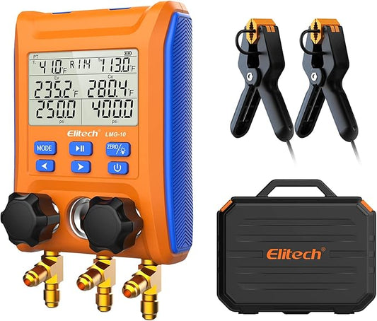 Elitech Digital Manifold Gauge 2-Way Valve with Thermometer Clamps for HVAC Systems, LMG-10