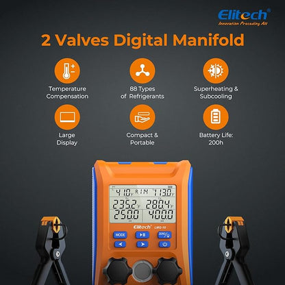 Elitech Digital Manifold Gauge 2-Way Valve with Thermometer Clamps for HVAC Systems, LMG-10
