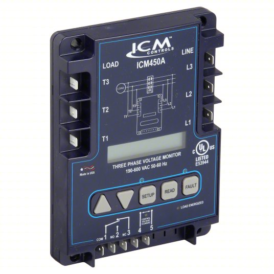 Line Voltage Monitor: Three Phase, Monitors Line Volt, SPDT - NO/NC, LCD, 18V AC / 240V AC
